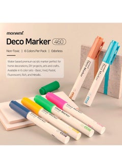 Monami MONAMI Deco Marker 460, Bullet Tip (2.0mm), Water-Based Premium Acrylic Paint Markers for Home Decorations, Arts, Crafts, METALLIC 6-Pack (M-Red, M-Blue, M-Pink, M-Green, M-Violet, M-Brown)  - Image 2