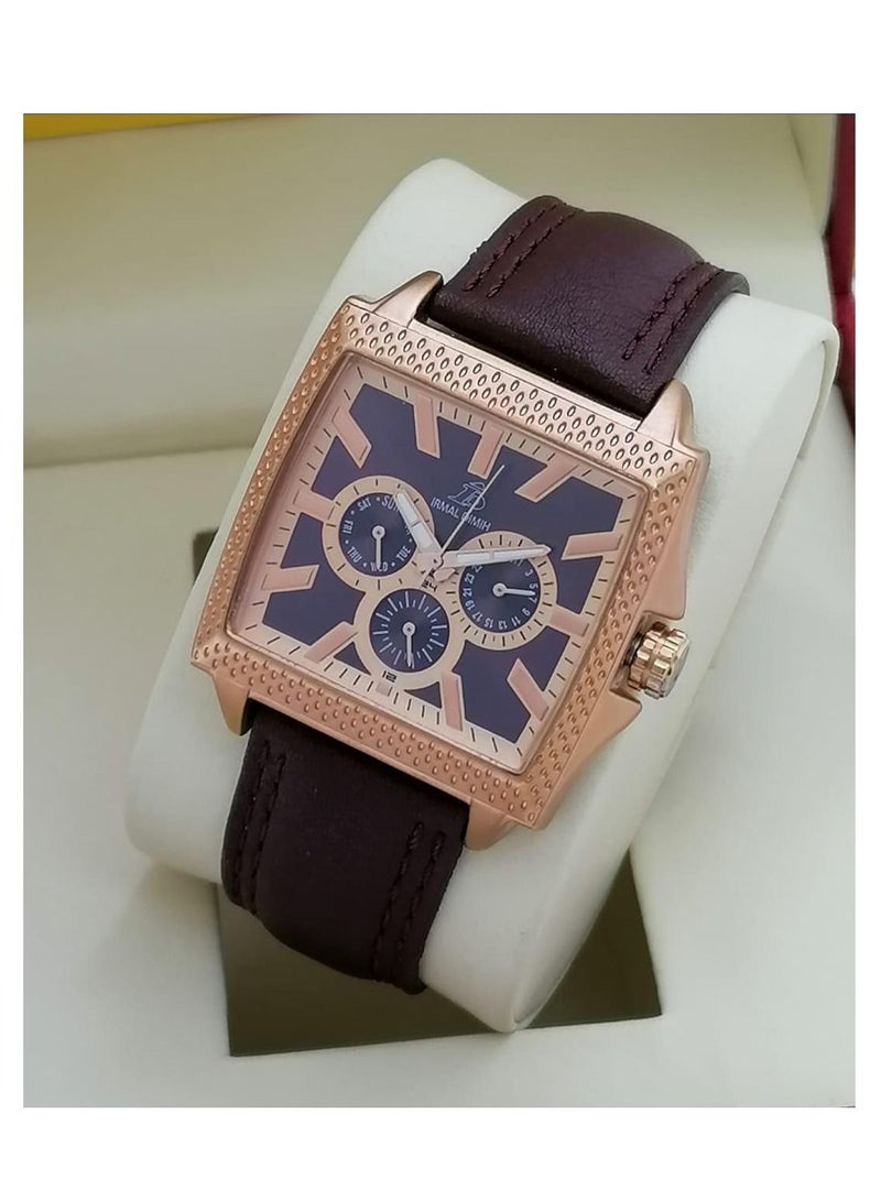 ساعة يد بعقارب بسوار من الجلد ستيل للرجال