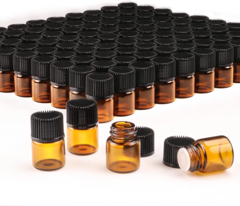 Wresty 100 Packs Essential Oil Bottles,1ml(1/4 dram) Mini Sample bottle Amber Glass Vials,With With 3 Free Dropper