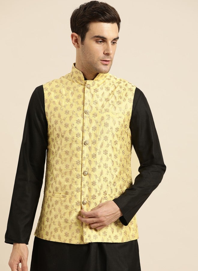 Sojanya Embroidered Nehru Jacket for Men in Yellow - Image 1