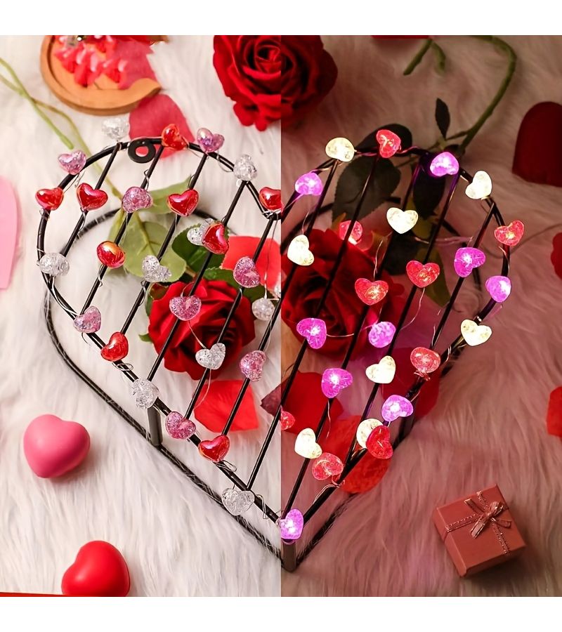 عيد الحب، قلوب حمراء ووردية وبيضاء، إضاءة LED سلكية بطول 118 بوصة، 30 مصباحًا. - Image 5