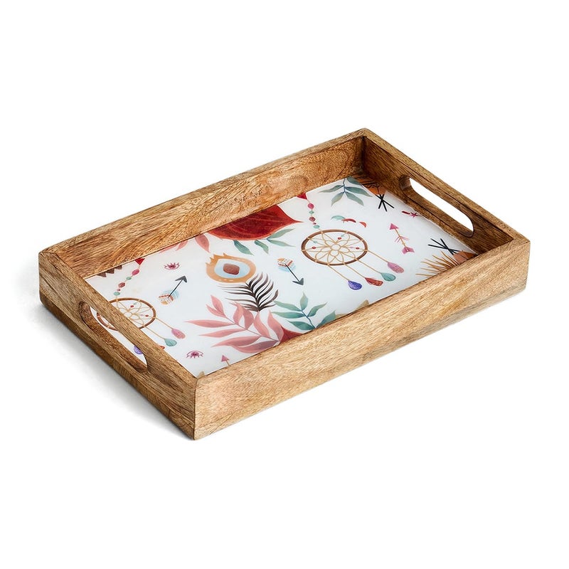 SAAGA Rectangle Deep Dish Platter with Double Handle for Snack Serving in Attractive Prints - 12 Inch X 8 Inch - Mango Wood Kitchen Dining & Decoratives, Burnt Sienna - Image 1