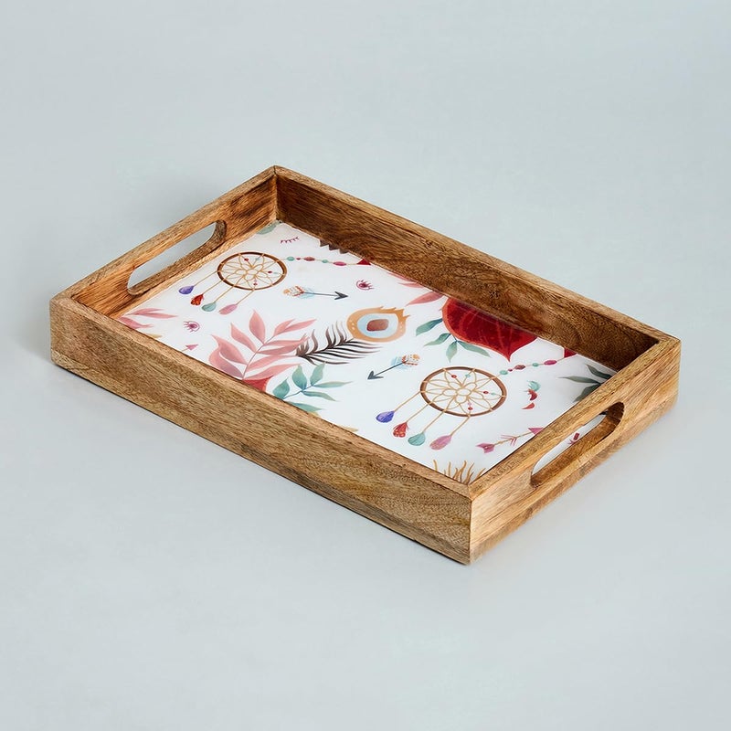 SAAGA Rectangle Deep Dish Platter with Double Handle for Snack Serving in Attractive Prints - 12 Inch X 8 Inch - Mango Wood Kitchen Dining & Decoratives, Burnt Sienna - Image 4