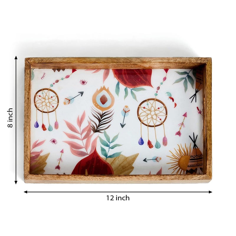 SAAGA Rectangle Deep Dish Platter with Double Handle for Snack Serving in Attractive Prints - 12 Inch X 8 Inch - Mango Wood Kitchen Dining & Decoratives, Burnt Sienna - Image 2