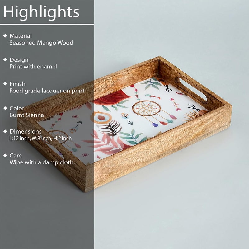 SAAGA Rectangle Deep Dish Platter with Double Handle for Snack Serving in Attractive Prints - 12 Inch X 8 Inch - Mango Wood Kitchen Dining & Decoratives, Burnt Sienna - Image 3