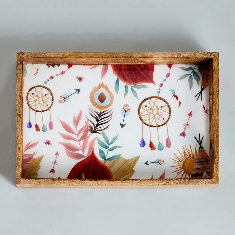SAAGA Rectangle Deep Dish Platter with Double Handle for Snack Serving in Attractive Prints - 12 Inch X 8 Inch - Mango Wood Kitchen Dining & Decoratives, Burnt Sienna - Image 5