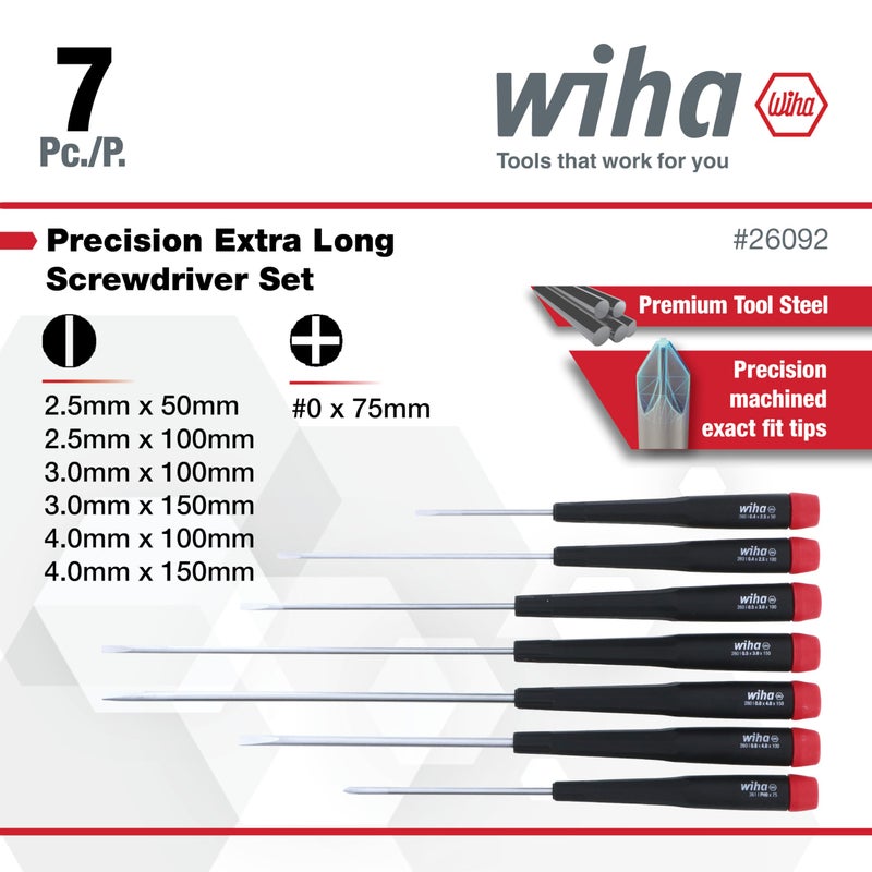 Wiha 26092 Slotted and Phillips Screwdriver Set with Precision Handle, Long, 7 Piece - Image 3