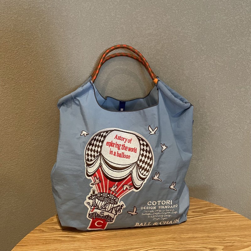 Japanese hot air balloon embroidery environmental protection cloth bag female ball chain New embroidery nylon handbag shoulderBlue hot air balloon medium Blue hot air balloon medium