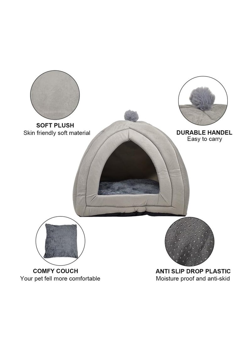 NNC PETS Cat bed house for indoor cats, Cozy plush semi-enclosed triangle cat nest with Removable cushion, Durable handle, Soft plush fabric, and Anti-slip bottom, Easy to clean 50 cm (Grey) - Image 3