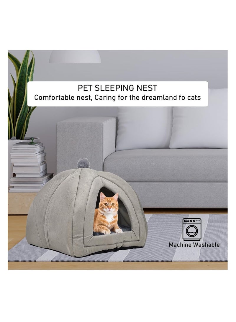 NNC PETS Cat bed house for indoor cats, Cozy plush semi-enclosed triangle cat nest with Removable cushion, Durable handle, Soft plush fabric, and Anti-slip bottom, Easy to clean 50 cm (Grey) - Image 5