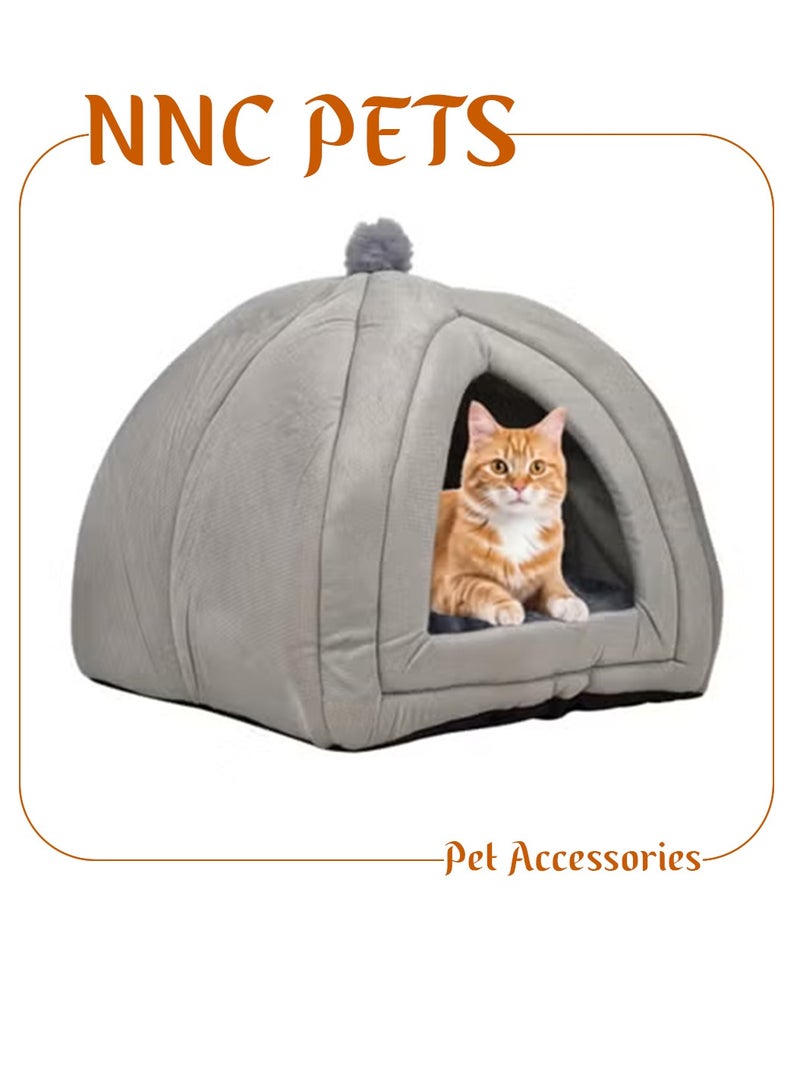 أن ان سي بيتس سرير قطط منزلي للقطط الداخلية، عش قطط مثلث الشكل شبه مغلق من القطيفة مع وسادة قابلة للإزالة، مقبض متين، قماش مخملي ناعم، وقاعدة مضادة للانزلاق، سهل التنظيف 50 سم (رمادي) - Image 1