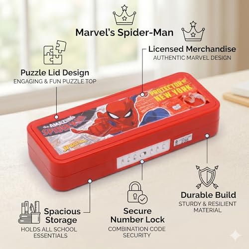 SKi Homeware Plastic Puzzle Pencil Box With Number Lock And Game, Perfect For School Children, An Ideal Gift Kids - Spiderman, Multicolor - Image 2