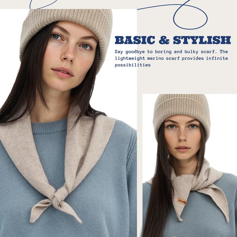 ACUSHLA 100% Merino Wool Triangle Scarf for Women Winter Neck Gaiter Warmer Knit Fashion Hooded Scarf Lightweight Soft Warm Neck Wrap for Ladies, 15.7'' X 47.2'', Light Beige - Image 2