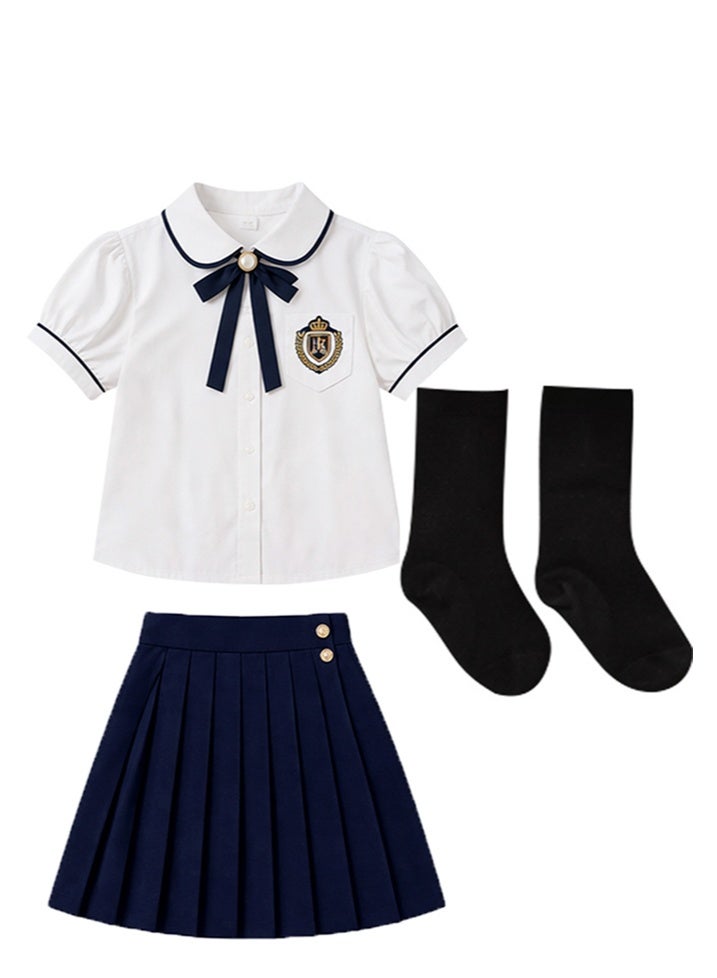 liannaner Girls Navy & White School Uniform Set - Short Sleeve Shirt with Bow Tie & Pleated Skirt, Kids Choir, Graduation, Performance & Photography Outfit for Children's Day - Image 3