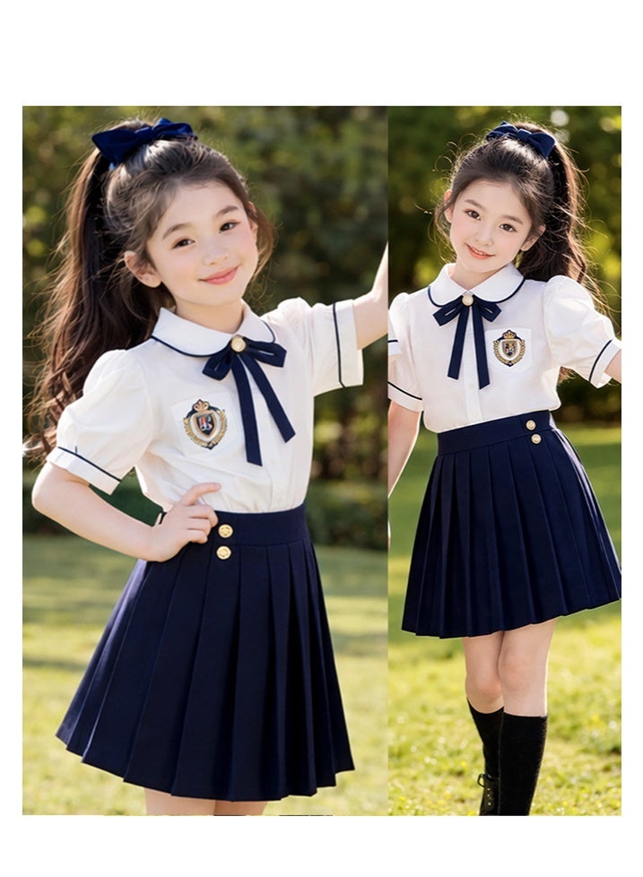 liannaner Girls Navy & White School Uniform Set - Short Sleeve Shirt with Bow Tie & Pleated Skirt, Kids Choir, Graduation, Performance & Photography Outfit for Children's Day - Image 4