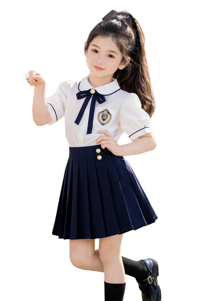 liannaner Girls Navy & White School Uniform Set - Short Sleeve Shirt with Bow Tie & Pleated Skirt, Kids Choir, Graduation, Performance & Photography Outfit for Children's Day - Image 1