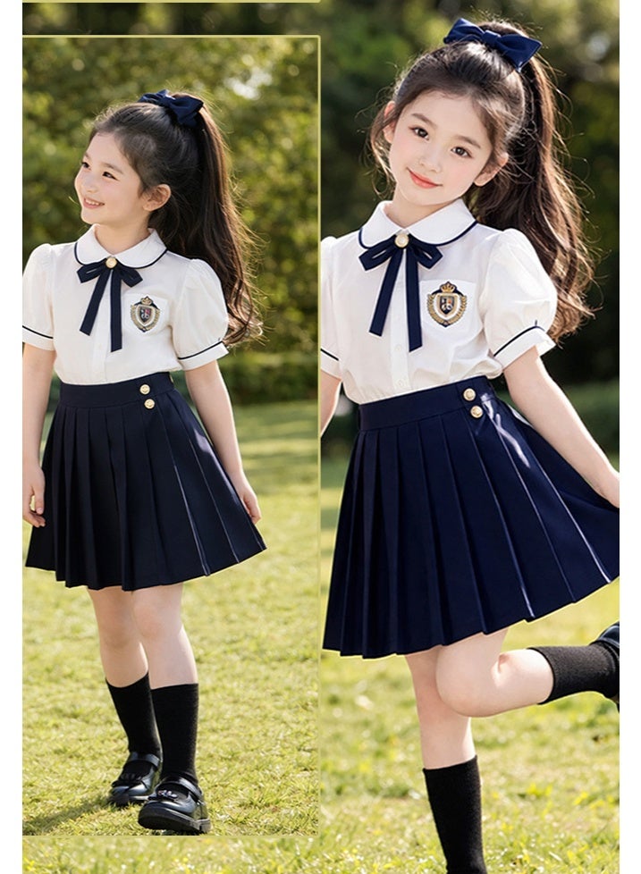 liannaner Girls Navy & White School Uniform Set - Short Sleeve Shirt with Bow Tie & Pleated Skirt, Kids Choir, Graduation, Performance & Photography Outfit for Children's Day - Image 5