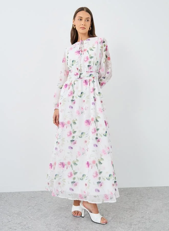 Styli Styli Floral Print A-Line Maxi Dress with Long Sleeves