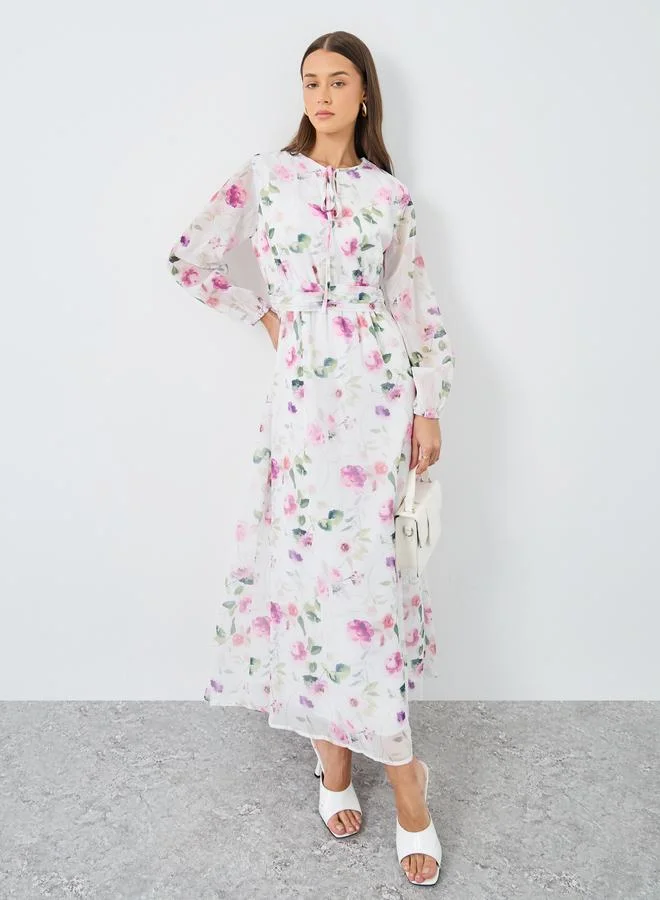 Styli Styli Floral Print A-Line Maxi Dress with Long Sleeves