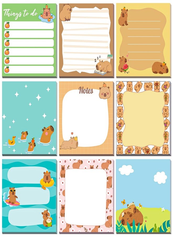 Saypacck 9 Pads Cute Sticky Notes Cartoon Self Stick Notepads 3x3 Inches Notes Adhesive Memo Pad Office Decor Gifts for Students School Teacher Office Meeting (Capybara) - Image 1