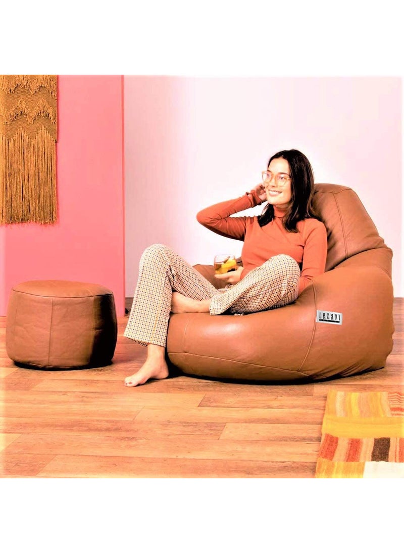 LEXAVI LEXAVIReady to Use I Orchid Leather Combo Beanbag with FootRest prefilled with High Density Quality Beans XXXXL Large TAN  - Image 1