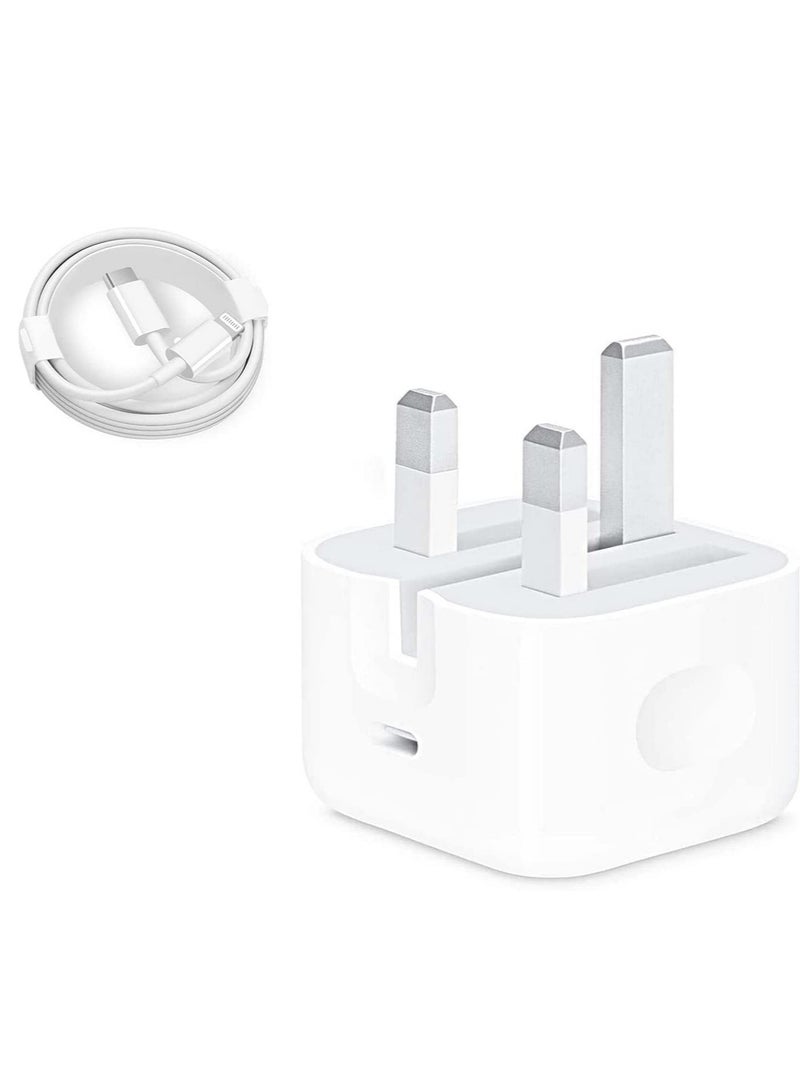 شاحن آيفون لأبل 20 واط محول طاقة USB-C + كابل شاحن USB-C آيفون، جودة أصلية لآيفون 13/12 / 11 / XS برو ماكس، آيباد برو/اير/ميني (شاحن + كابل لايتنينغ) - Image 1