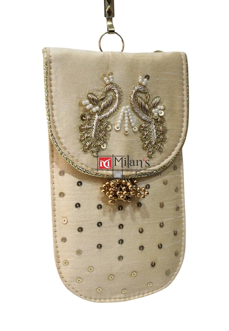 MILAN'S CREATION Mobile Pouch Zardozi & Pearls Hand Embroidery With Waist Clip Hook & Sling Chain (removable) | Ladies Women’s Handbag Wallet Sling Purse | Party Wedding Festival Giveaways Gift - Image 3