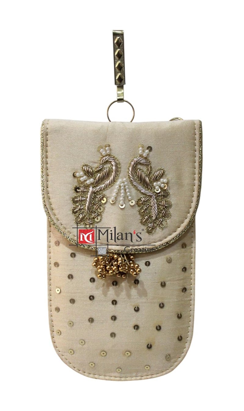 MILAN'S CREATION Mobile Pouch Zardozi & Pearls Hand Embroidery With Waist Clip Hook & Sling Chain (removable) | Ladies Women’s Handbag Wallet Sling Purse | Party Wedding Festival Giveaways Gift - Image 1