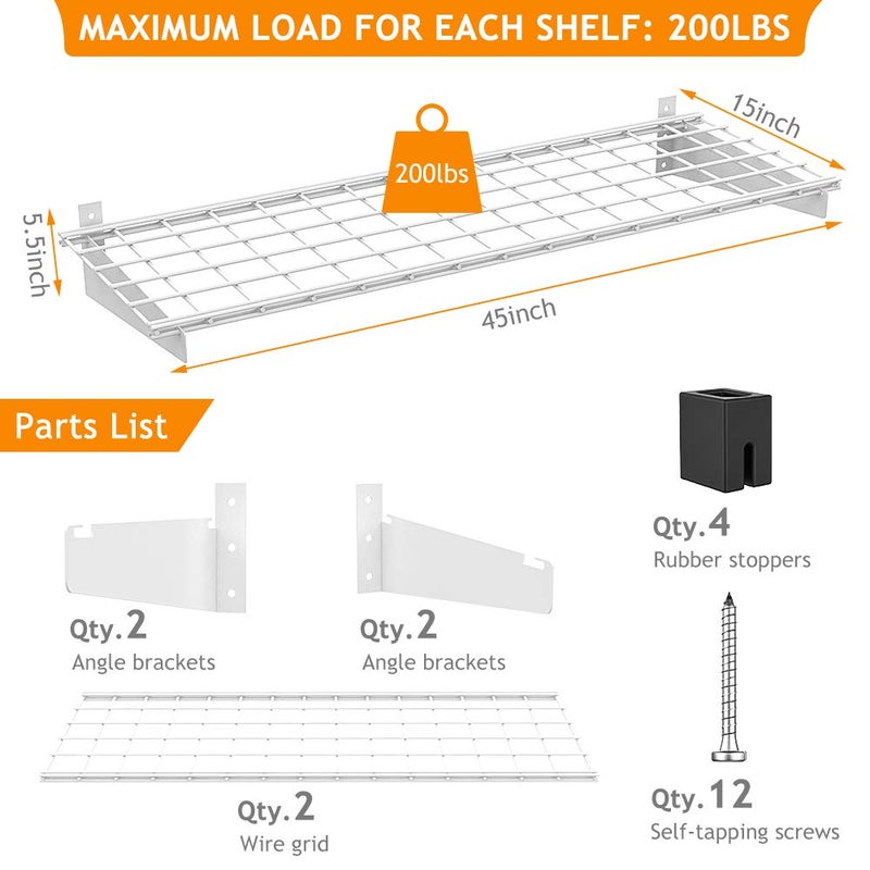 Wallmaster 2-Pack 15x45 Heavy Duty Garage Wall Shelving 45-inch-by-15-inch Wall Mount Garage Storage Rack Floating Shelves Max Load 400lb White - Image 3