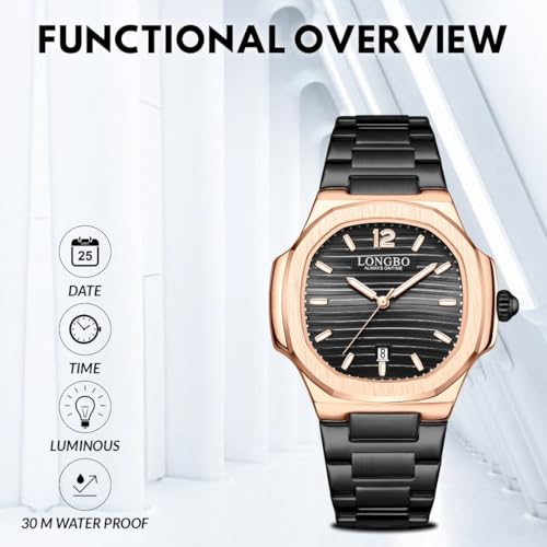 LONGBO Aurelius Analog Watch for Men, Octagonal Case, Brushed Dial, Stainless Steel Band, Luminous 30 M Water Proof, Date Display Mens Watch | Gift for Men (Black-Gold-Black) - Image 4