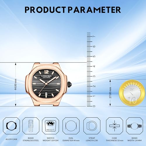 LONGBO Aurelius Analog Watch for Men, Octagonal Case, Brushed Dial, Stainless Steel Band, Luminous 30 M Water Proof, Date Display Mens Watch | Gift for Men (Black-Gold-Black) - Image 5