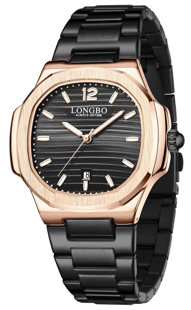LONGBO Aurelius Analog Watch for Men, Octagonal Case, Brushed Dial, Stainless Steel Band, Luminous 30 M Water Proof, Date Display Mens Watch | Gift for Men (Black-Gold-Black) - Image 2