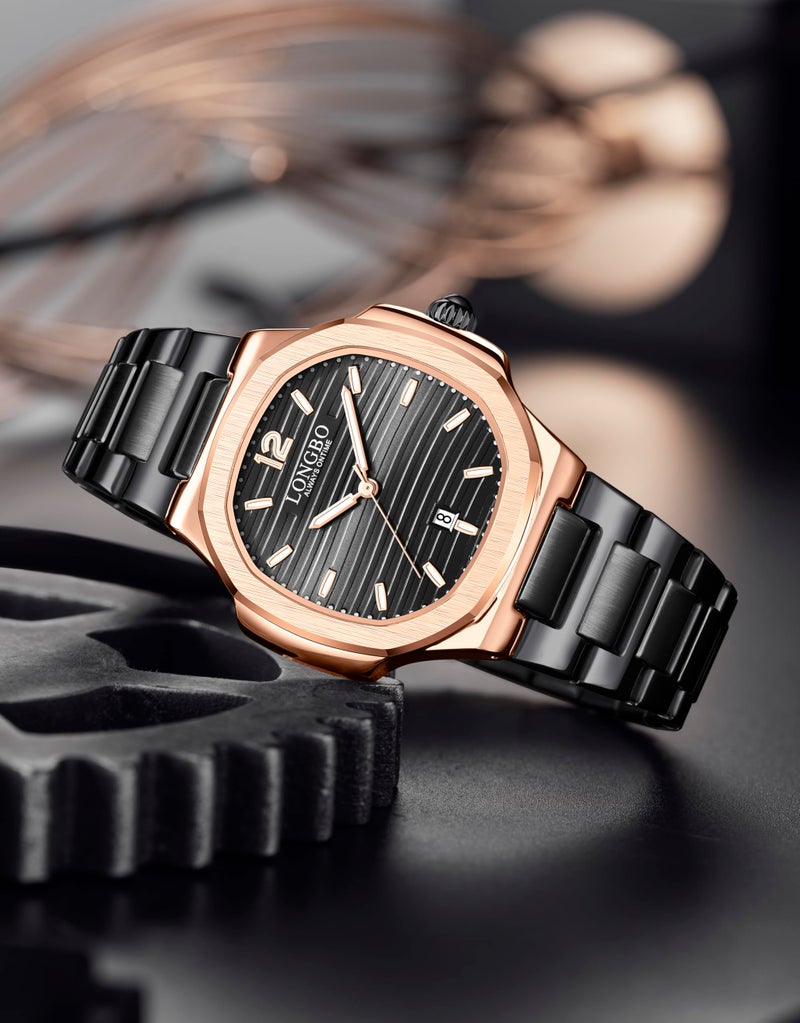 LONGBO Aurelius Analog Watch for Men, Octagonal Case, Brushed Dial, Stainless Steel Band, Luminous 30 M Water Proof, Date Display Mens Watch | Gift for Men (Black-Gold-Black) - Image 3
