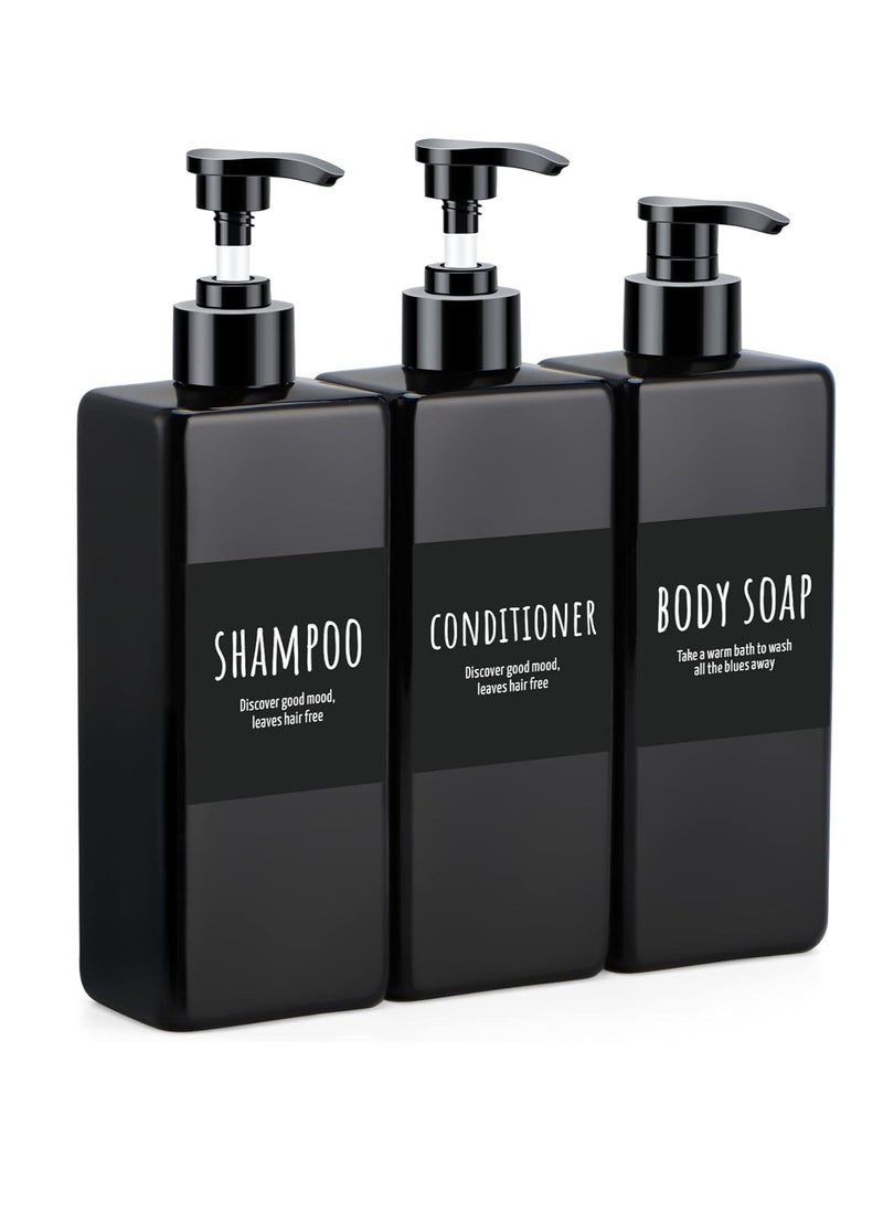 Segbeauty Segbeauty Shampoo and Conditioner Dispenser Refillable, 3pcs 16.9oz Shower Bottles Soap Dispenser with Labels, 500ml Empty Plastic Square Pump Bottle Dispenser Body Wash Containers for Bathroom Black  - Image 1