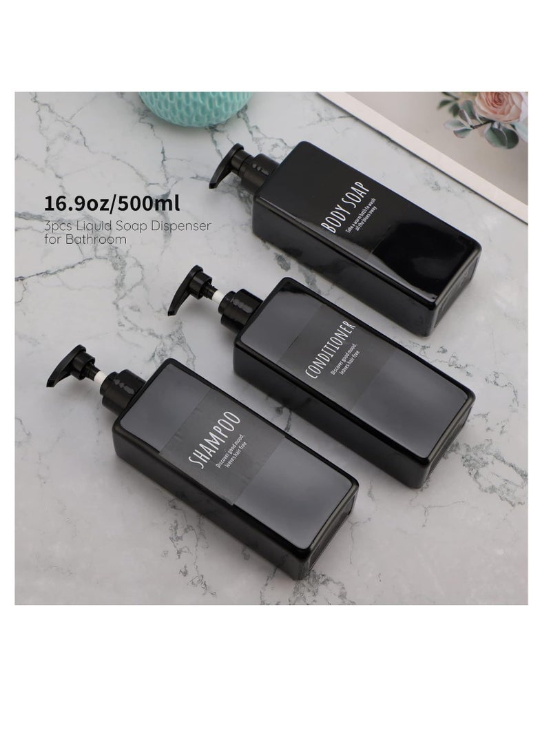 Segbeauty Segbeauty Shampoo and Conditioner Dispenser Refillable, 3pcs 16.9oz Shower Bottles Soap Dispenser with Labels, 500ml Empty Plastic Square Pump Bottle Dispenser Body Wash Containers for Bathroom Black  - Image 2