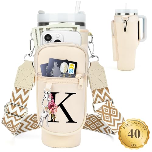 LOKASS Personalized Water Bottle Holder with Strap for Stanley Cup Accessories 40 oz Initial Stanley Cup Holder Carrier Bag with Phone Pocket Stylish Tumbler Accessories for Everyday Carry Beige K - Image 1