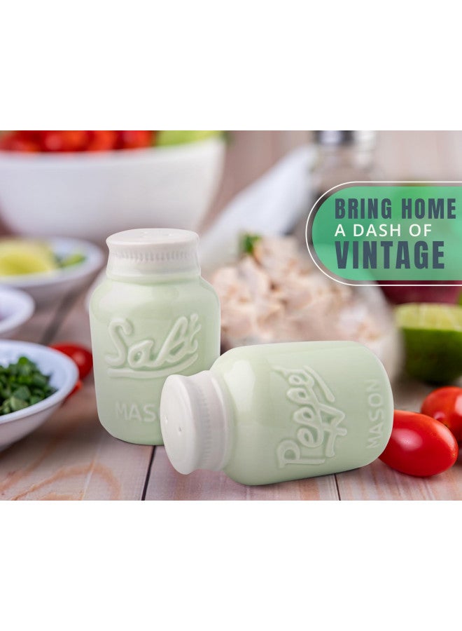 Comfify Vintage Mason Jar Salt & Pepper Shakers by Comfify - Adorable Decorative Mason Jar Decor for Vintage, Rustic, Shabby Chic - Sturdy Ceramic in Green - 3.5 oz. Capacity - Image 3