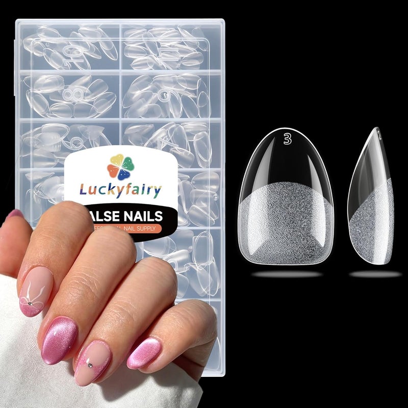 Gulf climate upgraded quality Extra Short Almond Nail Tips, 240pcs Soft Gel Pre-Shaped Acrylic Fake Nails, Half Matte Full Cover Clear Gelly Press on Flase Nail Tips for Extension Nail Manicure Home DIY 12 Sizes Cross part assemble fit - Image 1