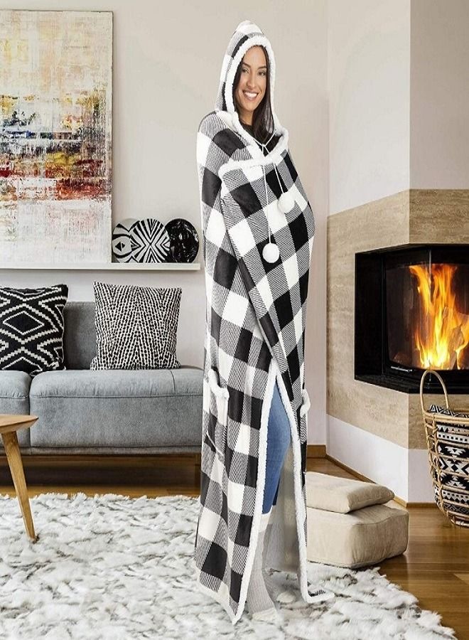 Plaid Thickened Fleece Blanket Cloak Winter Soft Warm Weighted Blanket Hoodie Plush Lazy Long Wearable TV Blanket Sweatshirt  - Image 1