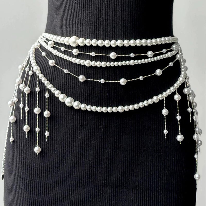 eartif Multilayer Pearl Waist Chain Belt for Women Fashion Adjustable Big Pearls Belt Chain Pearls Tassel Belly Body Chain Prom Rave Body Accessories Jewelry for Dresses Jeans (Pearl) - Image 2