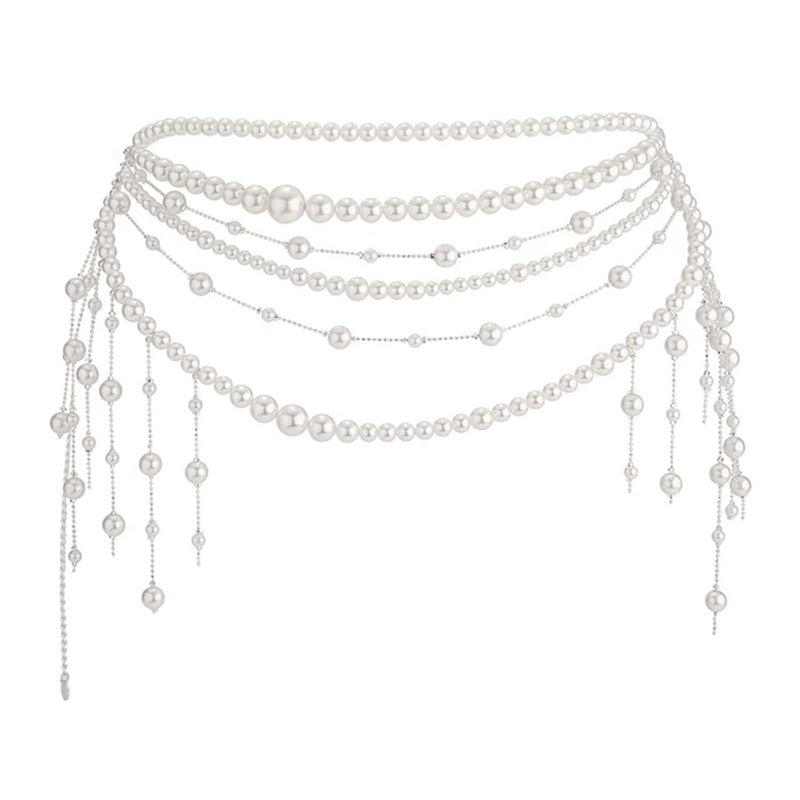 eartif Multilayer Pearl Waist Chain Belt for Women Fashion Adjustable Big Pearls Belt Chain Pearls Tassel Belly Body Chain Prom Rave Body Accessories Jewelry for Dresses Jeans (Pearl) - Image 1
