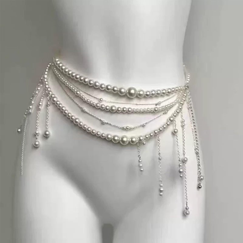 eartif Multilayer Pearl Waist Chain Belt for Women Fashion Adjustable Big Pearls Belt Chain Pearls Tassel Belly Body Chain Prom Rave Body Accessories Jewelry for Dresses Jeans (Pearl) - Image 5