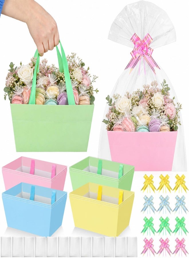 Skyygemm 12 Pcs Pastel Basket for Gifts Empty Kit 9.8x6.5'' Pink Blue Yellow Green Gift Basket Empty to Fill with Handles Plastic Bag Pull Bow Twist for Spring Summer Wedding Holiday Tea Party Favor - Image 1