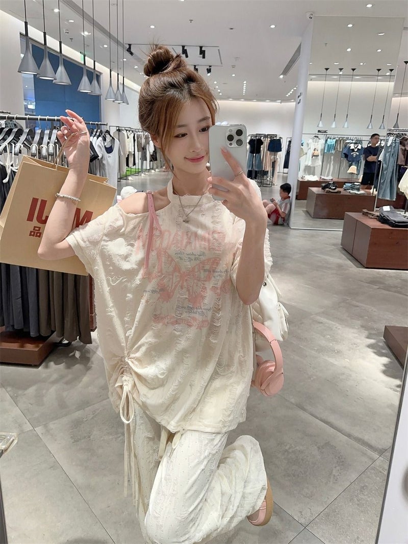[Original Ripped Cloth] Summer New Womens Korean Style Bow Printed Drawstring Shoulder Short Sleeve Sunscreen T-Shirt Apricot