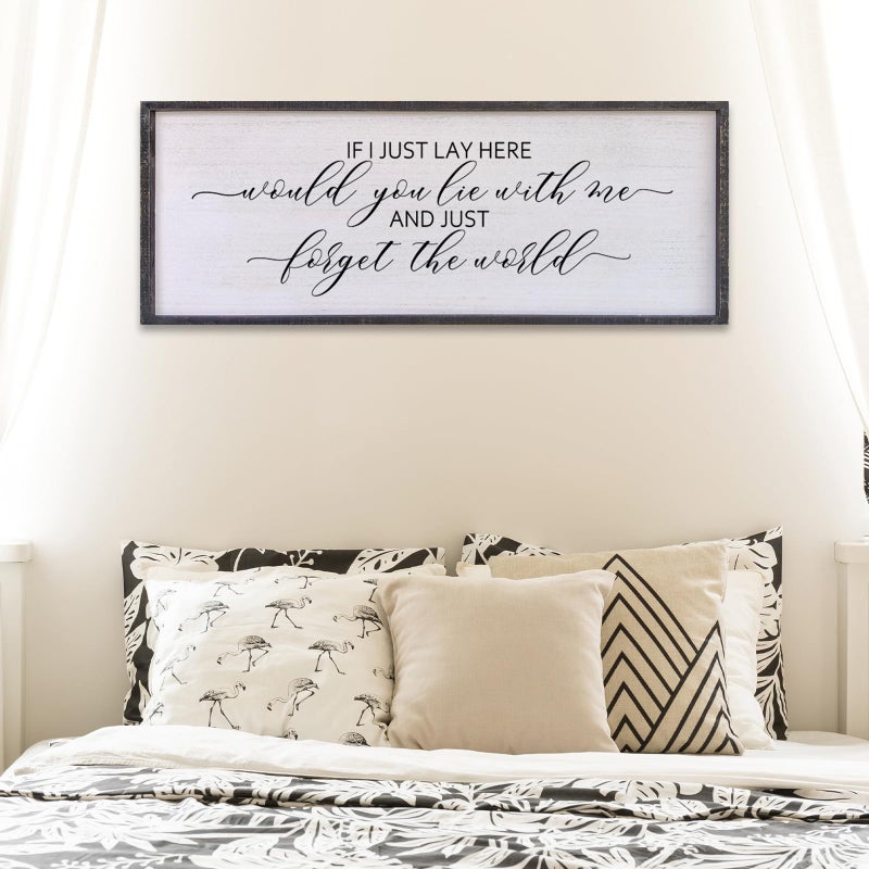 Surfapans If I Lay Here Would You Lie With Me Wall Decor Sign 40â€X15â€ Master Room Bedroom Above Bed Large Farmhouse Inspirational Quotes Minimalist Wood Framed Over Bed Wall Art Decoration (Black) - Image 1