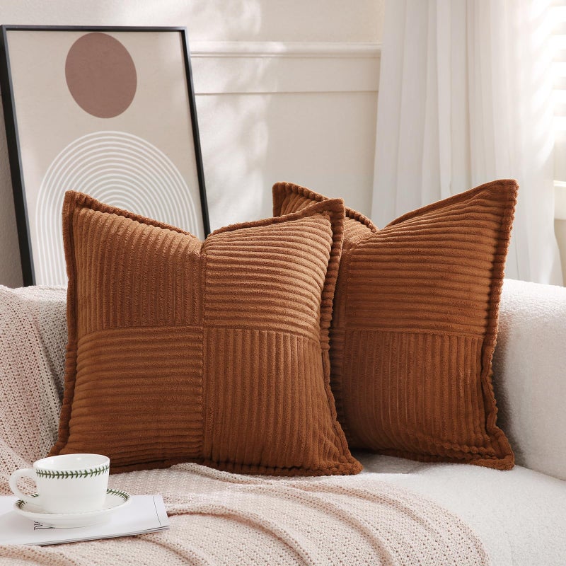Puncuntex Corduroy Throw Pillow Covers Set of 2 Boho Decorative Brown 18Ã—18 Inch,Super Soft Pillowcase Cozy Striped Texture Cushion Cover for Couch,Sofa,Farmhouse,Living Room - Image 1