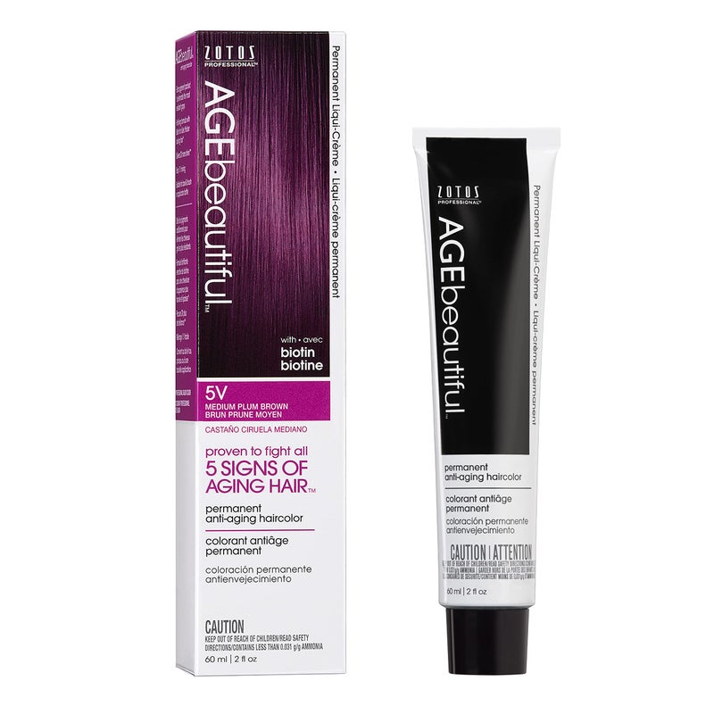 AGE beautiful Permanent Hair Color Dye Liqui Creme | 100% Gray Coverage | Anti-Aging Haircolor | Biotin for Thicker, Fuller Hair | Professional Salon Coloring | 5V Medium Plum Brown - Image 1
