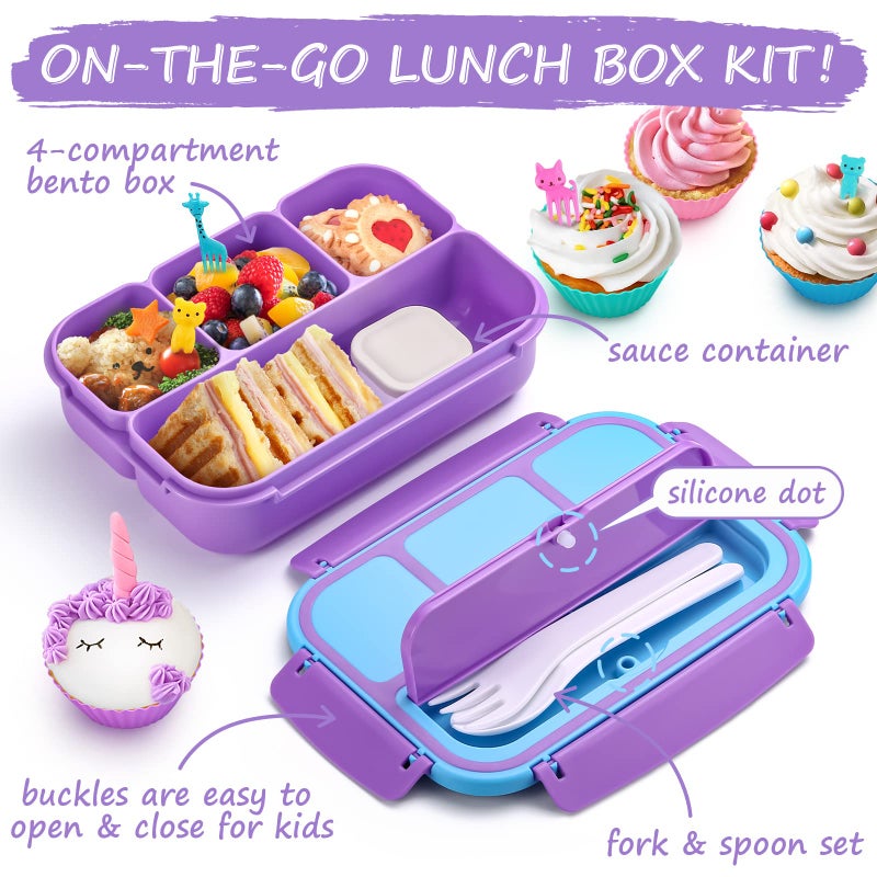 QQKO Bento Lunch Box for Kids Girls Boys, Toddler Kids Lunch Boxes for School, Lunch Containers for Adults with 4 Compartments, Sauce Container, Utensils, Food Picks and Muffin Cups, Purple - Image 3