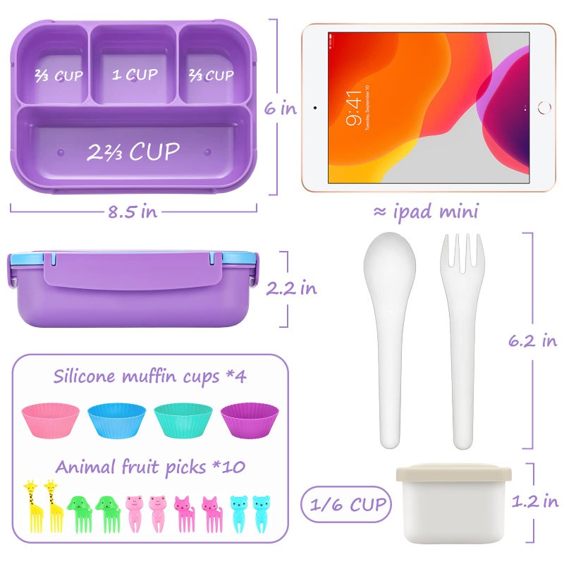 QQKO Bento Lunch Box for Kids Girls Boys, Toddler Kids Lunch Boxes for School, Lunch Containers for Adults with 4 Compartments, Sauce Container, Utensils, Food Picks and Muffin Cups, Purple - Image 2