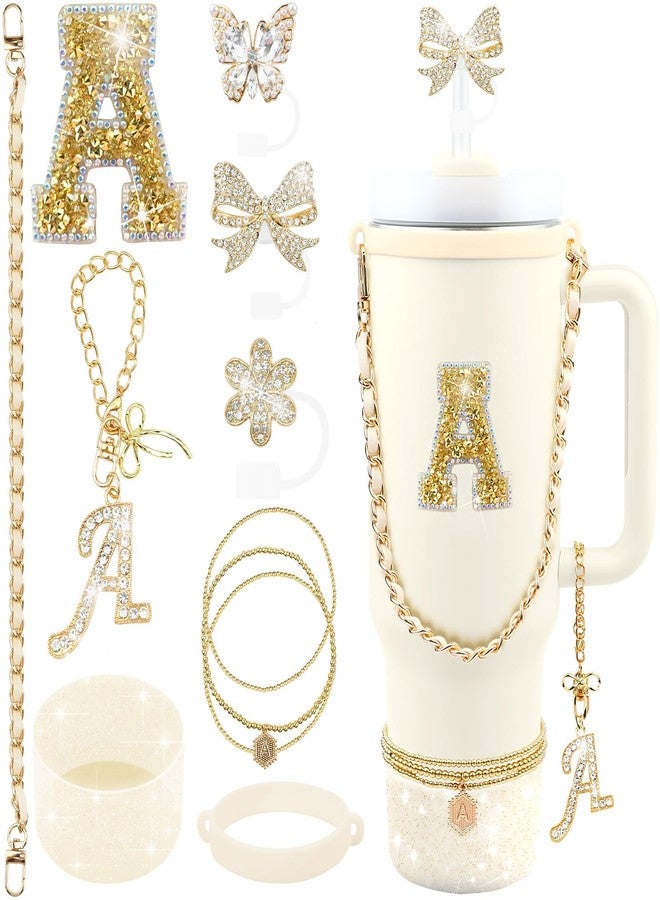 Hpebl 11PCS Gold for Stanley Cup Accessories Set 30/40 OZ Bling Rhinestones Bow Initials Charms for Stanley Decorations Tumbler Accessories Including Butterfly Straw Toppers, Tumbler Boot（Letter A） - Image 1